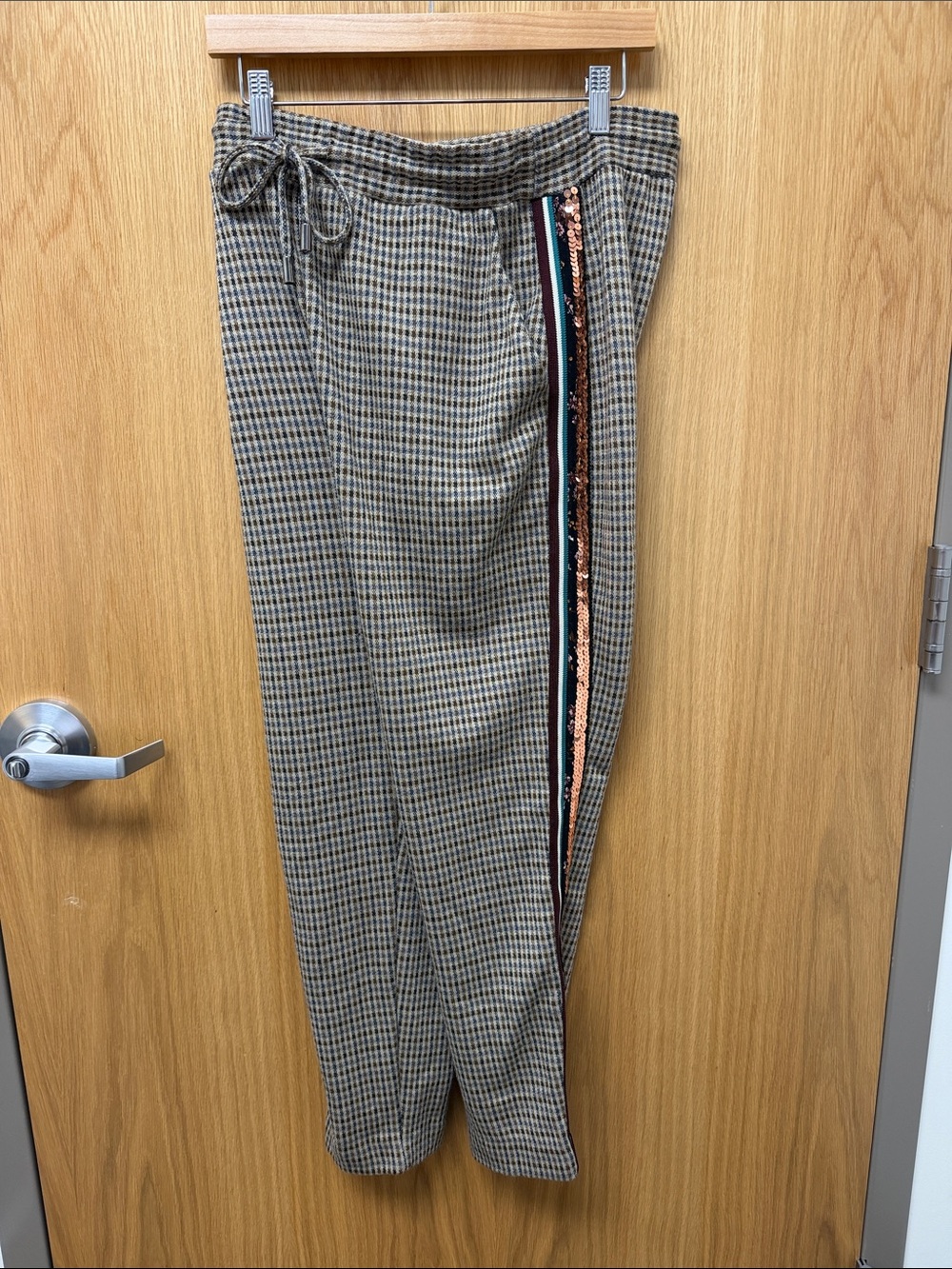 Anthropologie Maeve Bettie Glen Check Plaid Trousers with Sequin Stripe Detail
